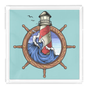 Nautical Captains Wheel, Lighthouse and Waves Acrylic Tray