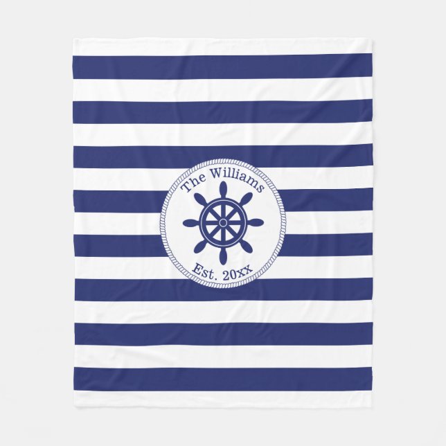 Nautical Captain's Wheel Monogrammed Name Fleece Blanket (Front)