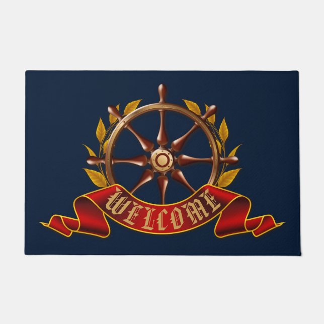 Nautical Captain's Wheel Navy Blue Welcome Doormat (Front)