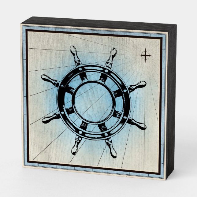 Nautical Captains Wheel Wooden Box Sign (Angled Horizontal)