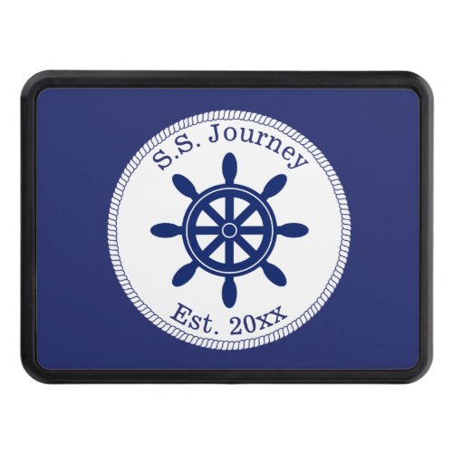 Nautical Captains Wheel Your Boat Name Navy Blue Hitch Cover