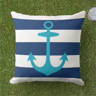 Nautical Caribbean Blue Anchor with Navy Stripes Outdoor Pillow