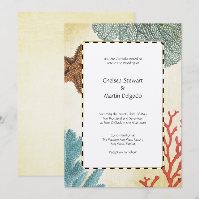 Nautical Caribbean Starfish Rustic Map and Coral 2 Invitation (Front/Back)