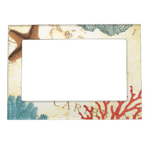Nautical Caribbean Starfish Rustic Map and Coral Magnetic Frame