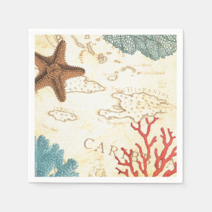 Nautical Caribbean Starfish Rustic Map and Coral Paper Napkins