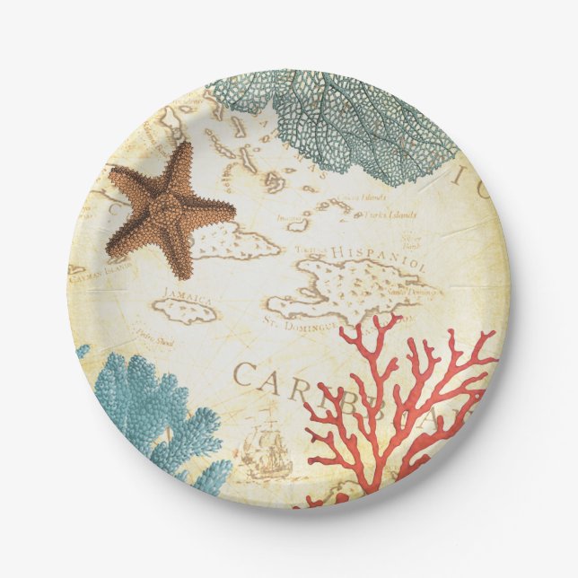 Nautical Caribbean Starfish Rustic Map and Coral Paper Plates (Front)
