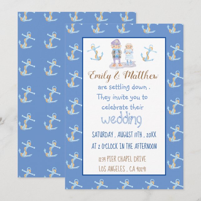 Nautical Cartoon Blue White and Gold Wedding Invitation (Front/Back)