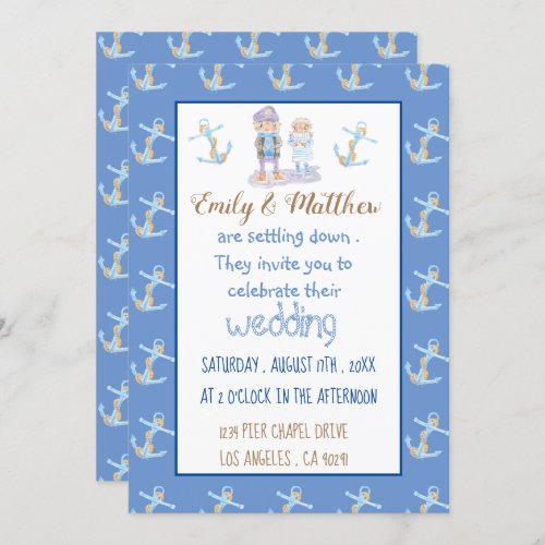 Nautical Cartoon Blue White and Gold Wedding Invitation