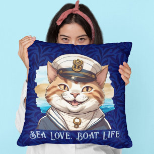 Nautical Cat Gifts for Boat Owners Sailors Boater Throw Pillow