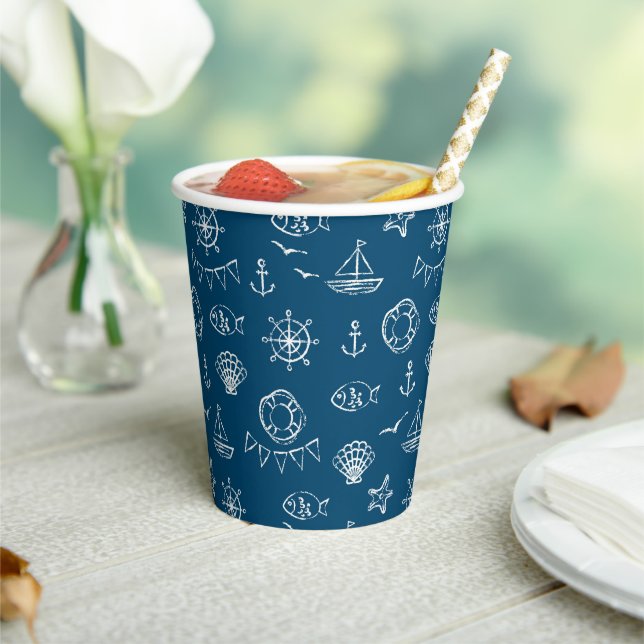Nautical Chalk Drawing Pattern Paper Cups (Insitu)