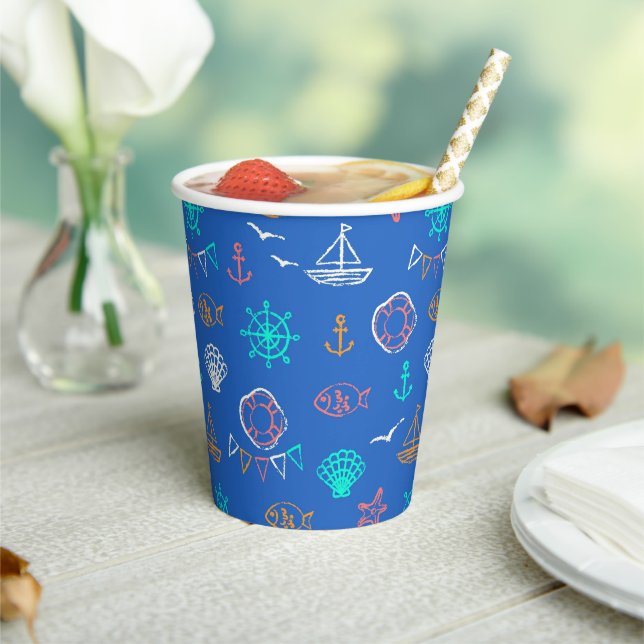 Nautical Chalk Drawing Pattern Paper Cups (Insitu)