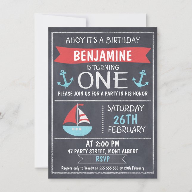 Nautical Chalkboard 1st Birthday Invitation (Front)