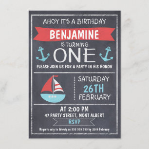 Nautical Chalkboard 1st Birthday Invitation