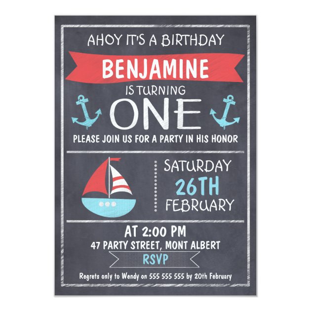 Nautical Chalkboard 1st Birthday Invitation