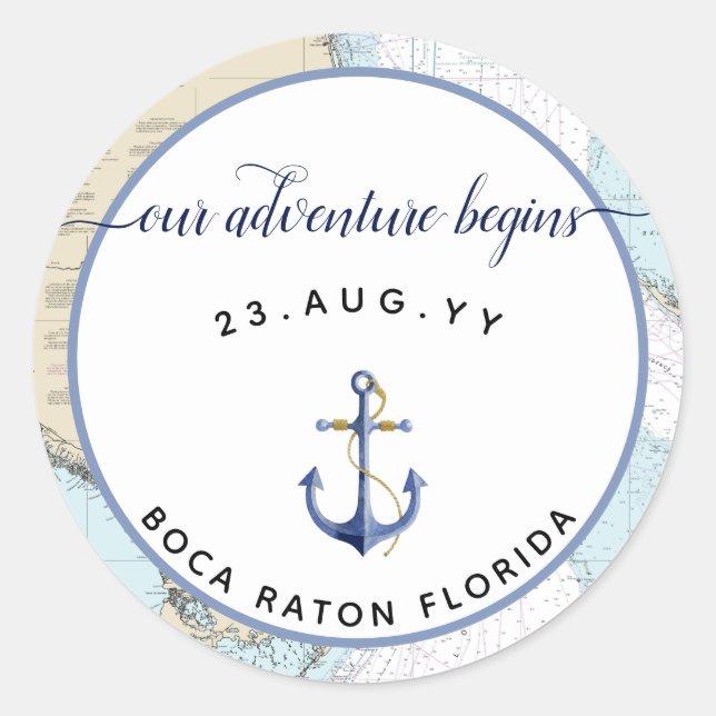 Nautical Chart + Anchor Wedding / Event Florida Classic Round Sticker (Front)