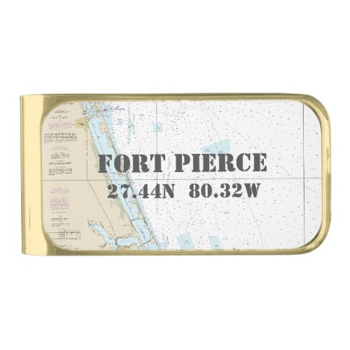 Nautical Chart Latitude Longitude Fort Pierce FL Gold Finish Money Clip