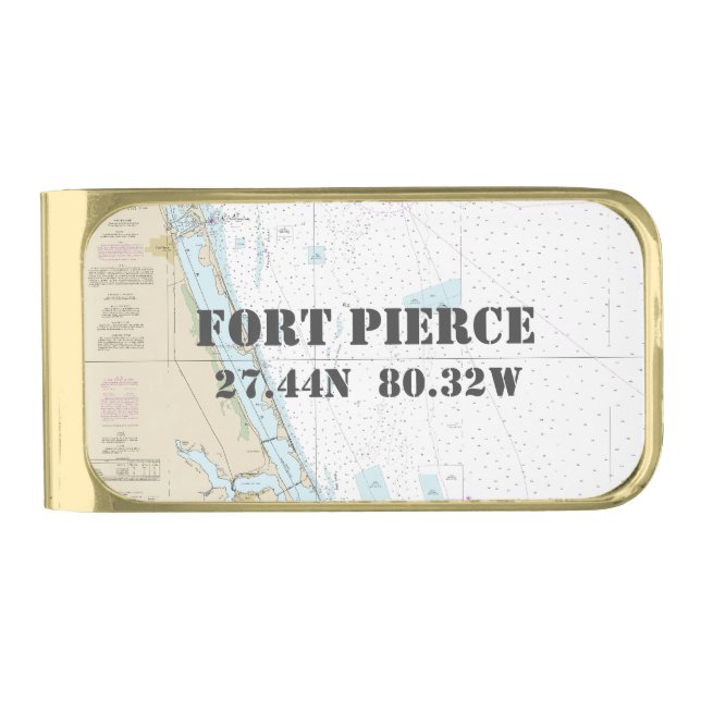 Nautical Chart Latitude Longitude: Fort Pierce, FL Gold Finish Money Clip (Front)