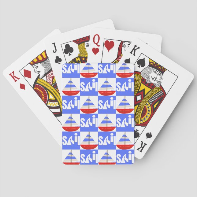 Nautical Checkeerboard Design Sailboats Text SA(L Poker Cards (Back)