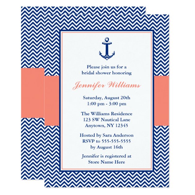 Nautical Chevron Anchor Blue Coral Bridal Shower Invitation