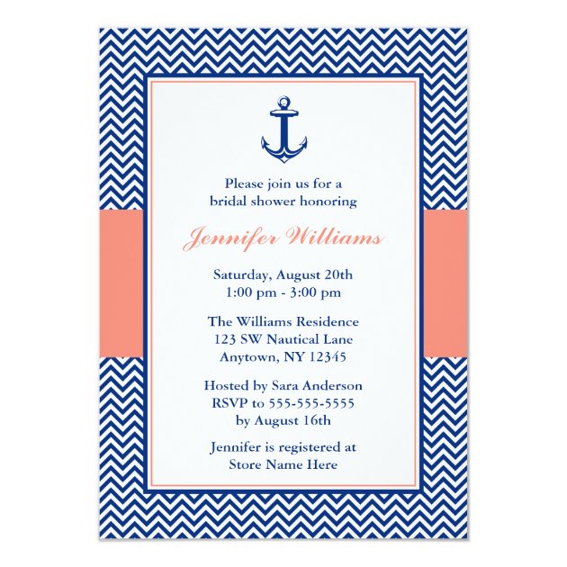 Nautical Chevron Anchor Blue Coral Bridal Shower Invitation