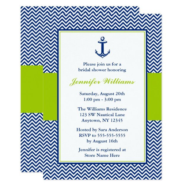 Nautical Chevron Anchor Blue Green Bridal Shower Invitation