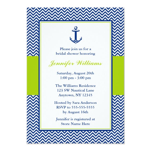 Nautical Chevron Anchor Blue Green Bridal Shower Invitation