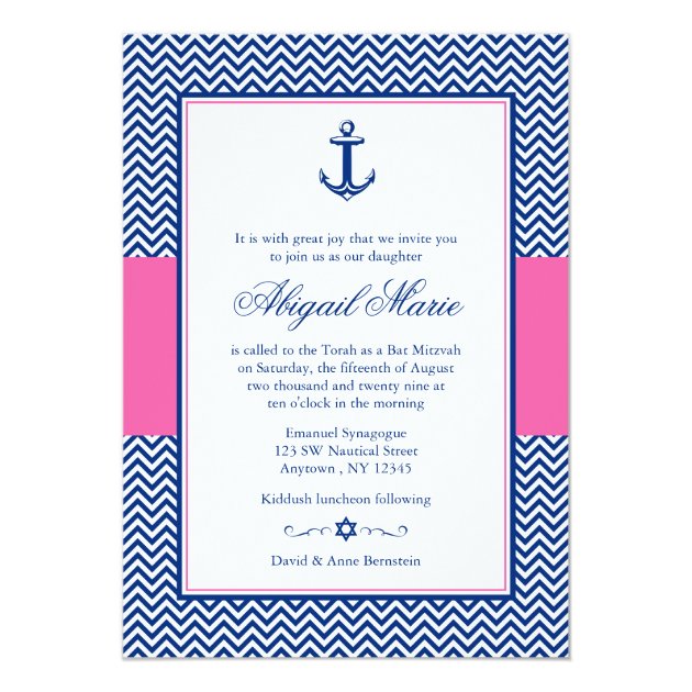 Nautical Chevron Anchor Blue Pink Bat Mitzvah Invitation