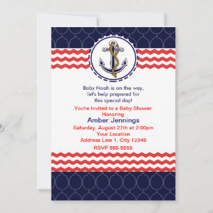 Nautical Chevron Anchor Blue Red Invitation Card