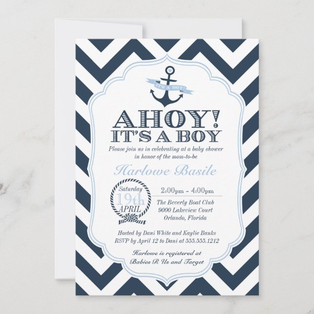 Nautical Chevron Baby Boy Shower Invitation Blue (Front)