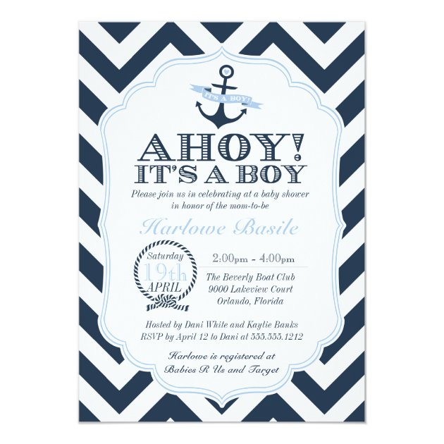 Nautical Chevron Baby Boy Shower Invitation Blue
