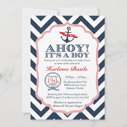 Nautical Chevron Baby Boy Shower Invitation Red