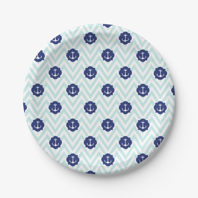Nautical Chevron Navy Blue Anchors Pattern Paper Plates (Front)