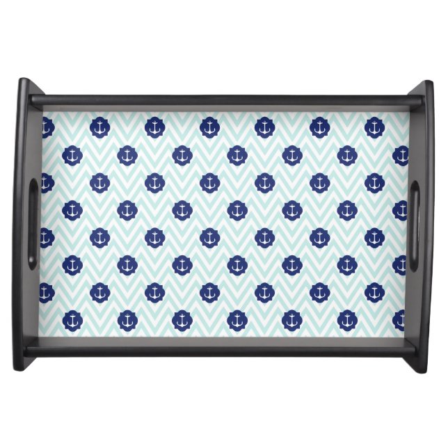 Nautical Chevron Navy Blue Anchors Pattern Serving Tray (Front)