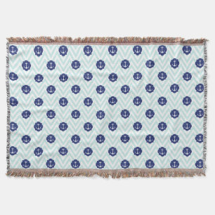 Nautical Chevron Navy Blue Anchors Pattern Throw Blanket