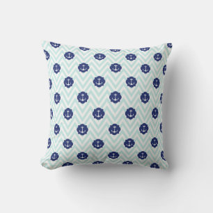 Nautical Chevron Navy Blue Anchors Pattern Throw Pillow