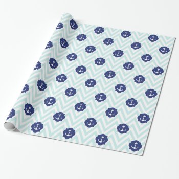 Nautical Chevron Navy Blue Anchors Pattern Wrapping Paper by VintageDesignsShop at Zazzle