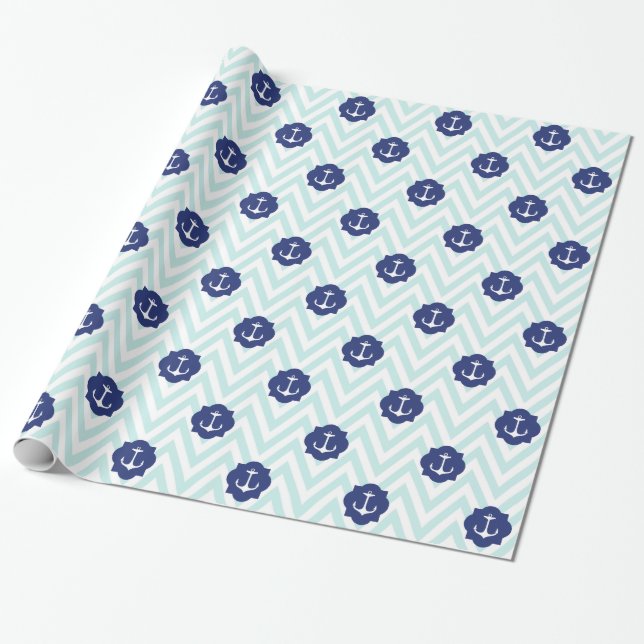 Nautical Chevron Navy Blue Anchors Pattern Wrapping Paper (Unrolled)
