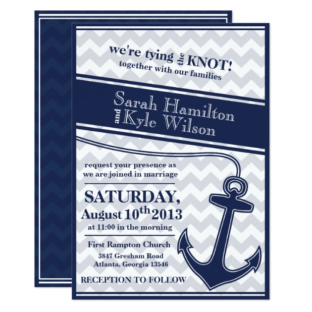 Nautical Chevron Navy Blue Wedding Invitation