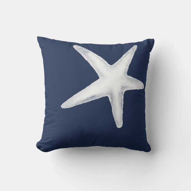 Nautical Chic Navy White Starfish Throw Pillow (Front)