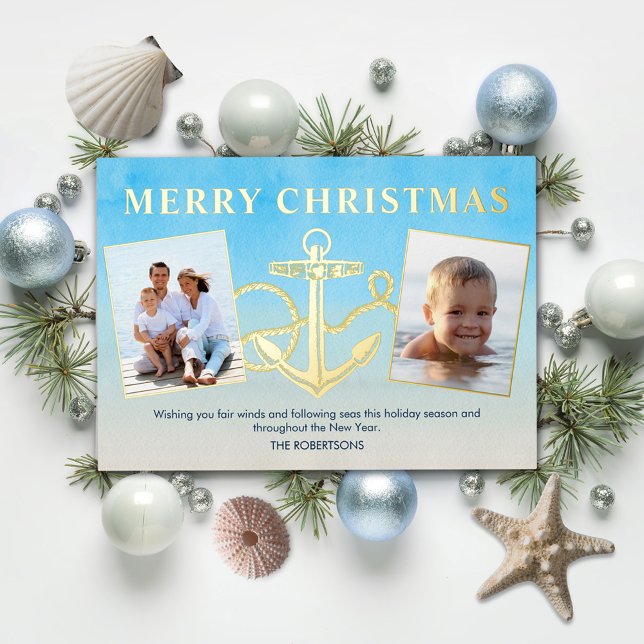 Nautical Christmas Anchor 2 Photo Coastal  Foil Holiday Card (Creator Uploaded)