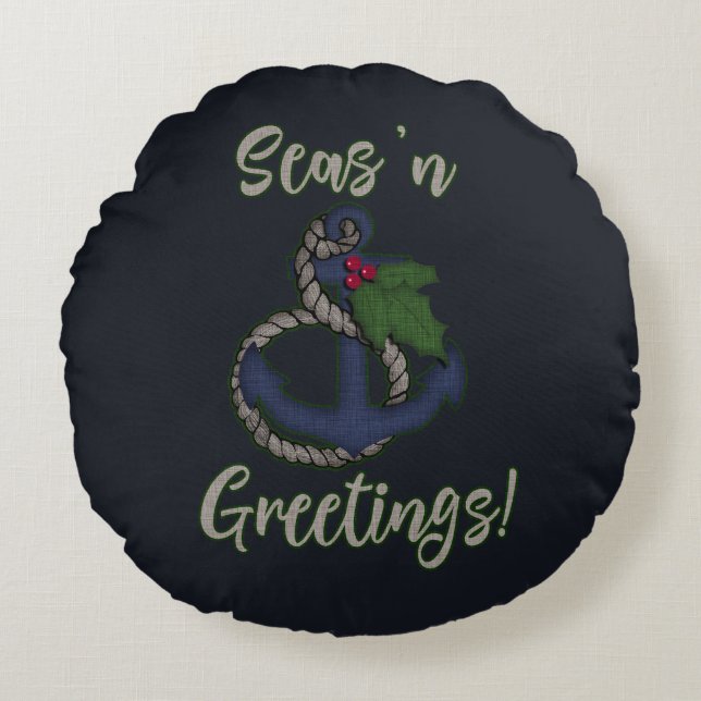 Nautical Christmas | Anchor and Holly Round Pillow (Front)
