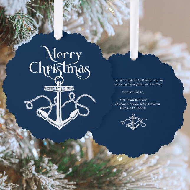 Nautical Christmas Anchor Navy Blue Ornament Card (Creator Uploaded)