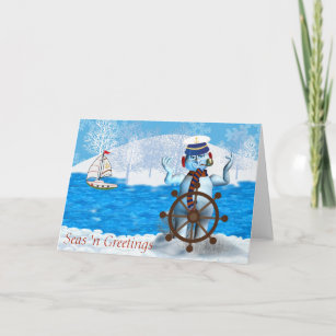 Nautical Christmas Card with Snowman and Sailboat