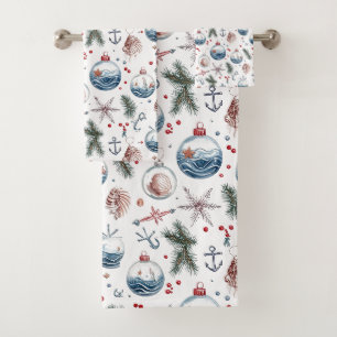 Nautical Christmas Coastal Ornament Pattern Bath Towel Set
