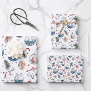 Nautical Christmas Coastal Ornament Pattern Wrapping Paper Sheets