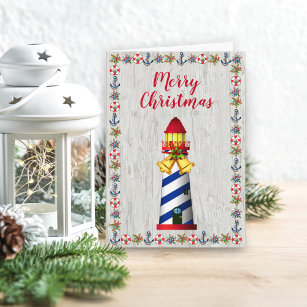 Nautical Christmas Driftwood Lighthouse  Holiday Card