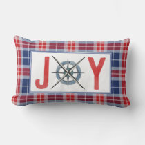 Nautical Christmas JOY Compass Red &amp; Blue Plaid Lumbar Pillow
