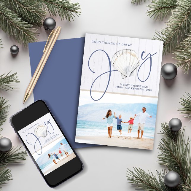 Nautical Christmas Joy Seashell Holiday Photo (Nautical Christmas Joy Seashell Holiday Photo Card)