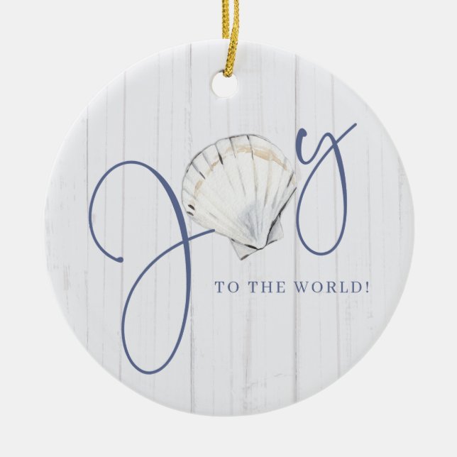 Nautical Christmas Joy Seashell Holiday Photo Ceramic Ornament (Front)