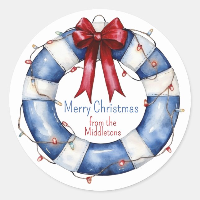Nautical Christmas Life Preserver With Bow Classic Round Sticker (Front)